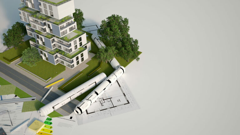 3D rendering of a Sustainable building architecture model with blueprints, energy efficiency chart and other documents