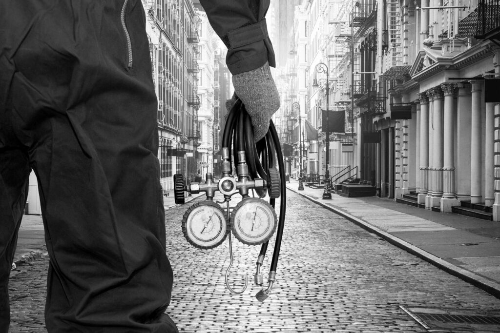 HVAC technician in streets of new york city