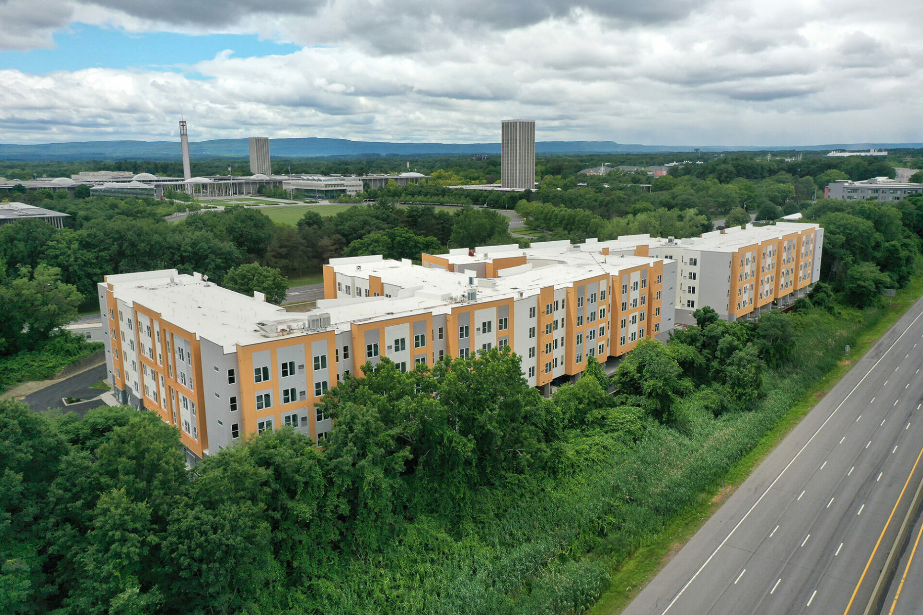 An aerial photo of a building.