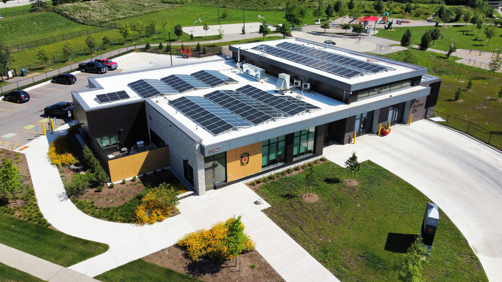 A firestation with solar panels.