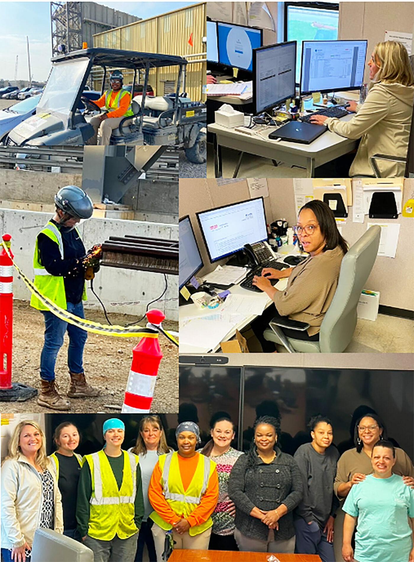 A collage of women in construction.