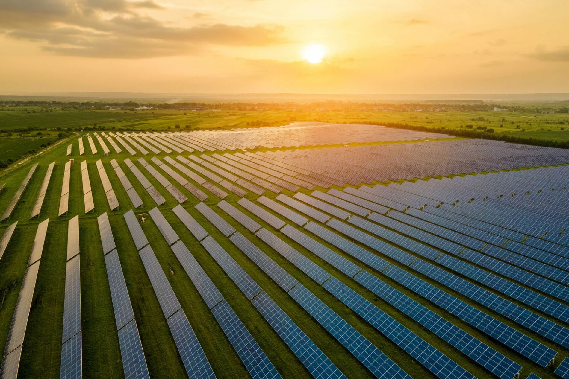 Aerial view of large sustainable electrical power plant with many rows of solar photovoltaic panels for producing clean electric energy in evening. Renewable electricity with zero emission concept.