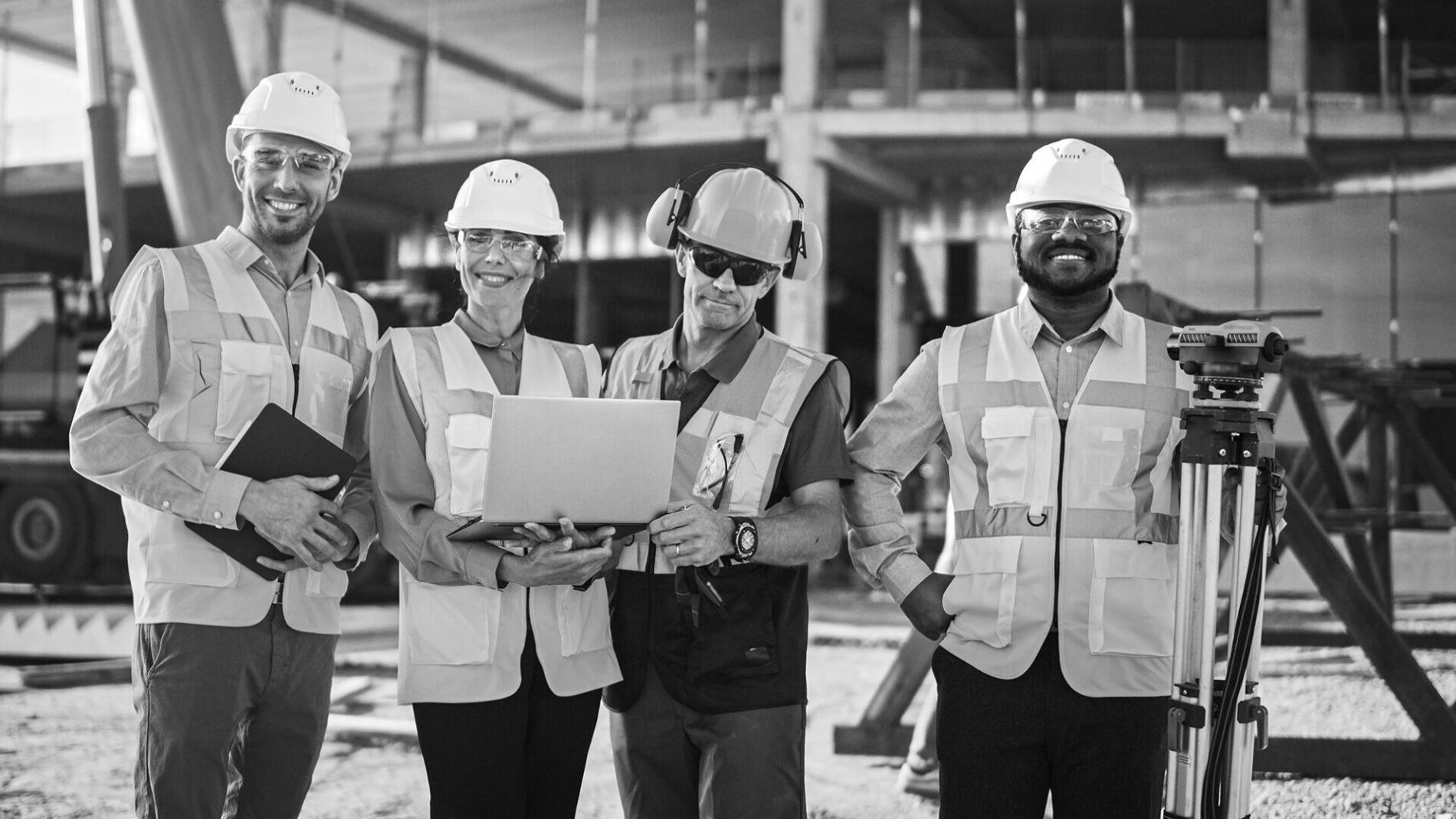 Diverse Team of Specialists Use Laptop Computer on Construction Site. Real Estate Building Project with Machinery: Civil Engineer, Investor, Businesswoman and Builder Discussing Blueprint Plan