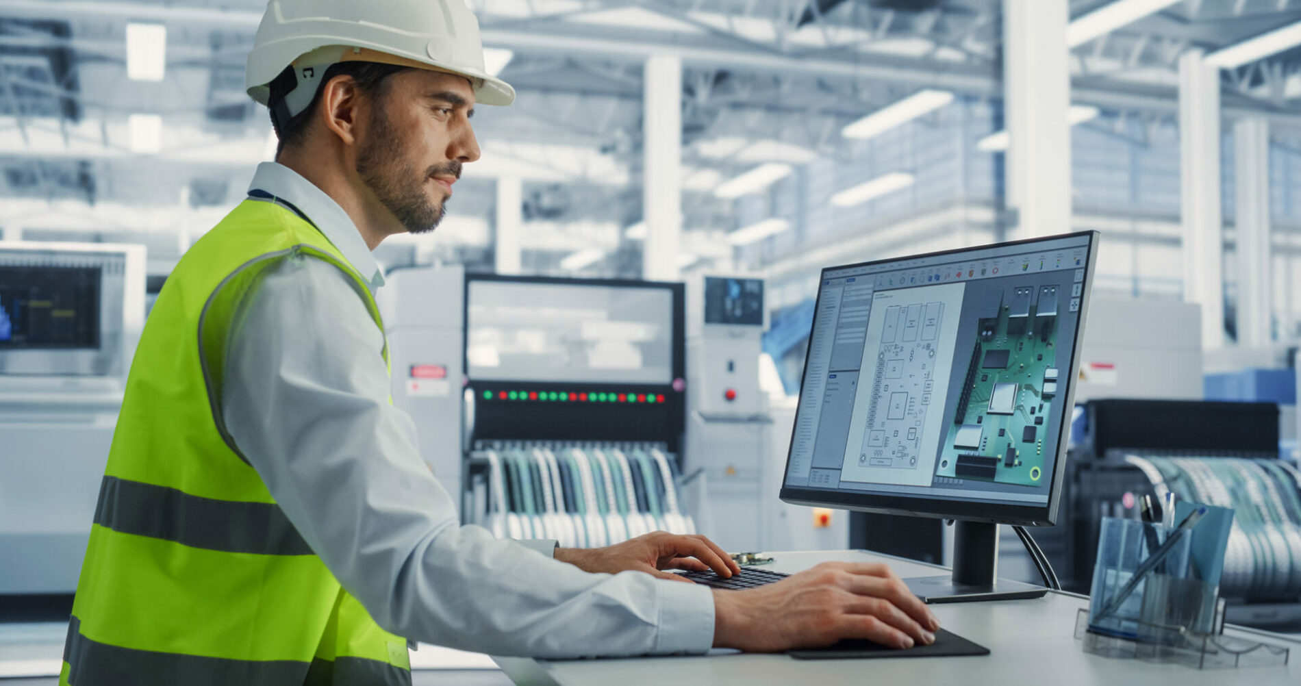 Electronics Factory: Caucasian Male Electrical Engineer Designs PCB Prototype, Works on Desktop Computer, uses CAD Software to Develop Microchips and Semiconductors. Modern Manufacturing Facility.